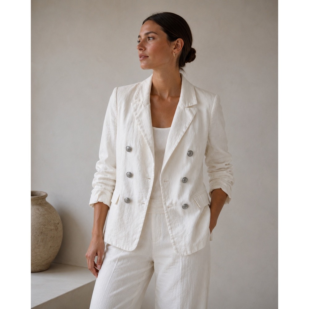 Veronica Beard Ivory Linen Blend‎ Double Breasted Dickey Blazer Womens 12